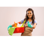 Maid gives a thumbs up while holding a bucket of cleaning supplies