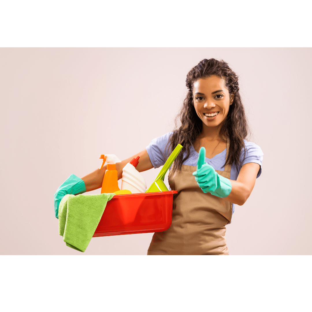 Maid gives a thumbs up while holding a bucket of cleaning supplies